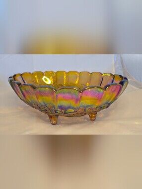 Carnival Glass Fruit Bowl Indiana Amber Harvest Gold Iridescent Heavy Weight